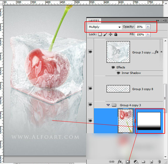Ice cube 3D photoshop tools tutorial. 3D scene ice cube and cherry inside, ice txture effect in photoshop, ice reflection, 3D rendering, 3D light effects, realistic ice effectt, winterphotoshop  ideas